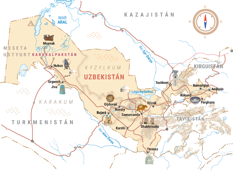 Mapa de Uzbekistán: planificación de días para ruta UNESCO en Samarcanda, Bujará, Jiva y Shahrisabz